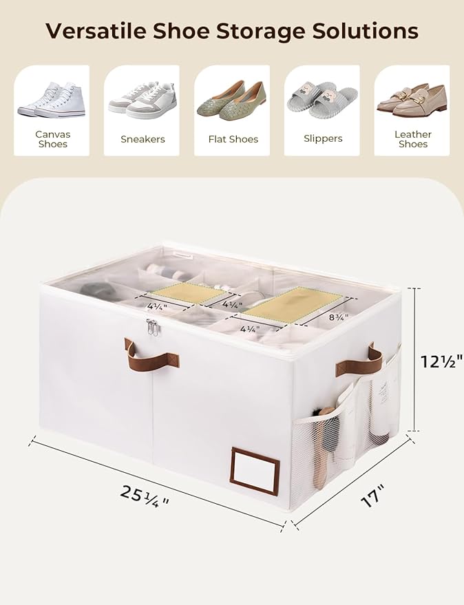 StorageWorks Shoe Organizer for Closet, Shoe Storage with Side Mesh Pocket, Shoe Closet Organizer With Clear Cover, Storage Shoe Containers for Sneakers and Sandals, Fits up to 20 Pairs, Beige