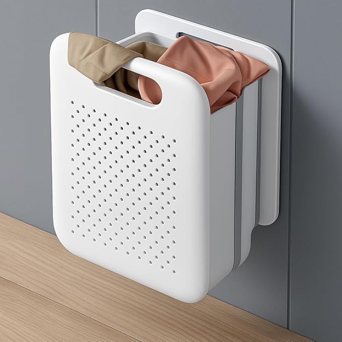Goderewild Collapsible Laundry Basket, Space-Saving Wall-Mounted Hamper, Detachable Hanging Organizer for Home, Dorms, RVs, Measures 11.8" x 8" x 14.7" In (White)
