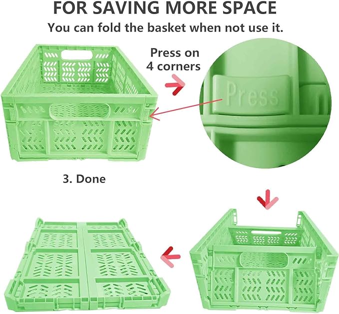 20L Folding Crate, 4Pack Plastic Storage Baskets Organizer for Home and Office,Collapsible Storage Crates for Home Office and Outdoor Organizer. (Green)
