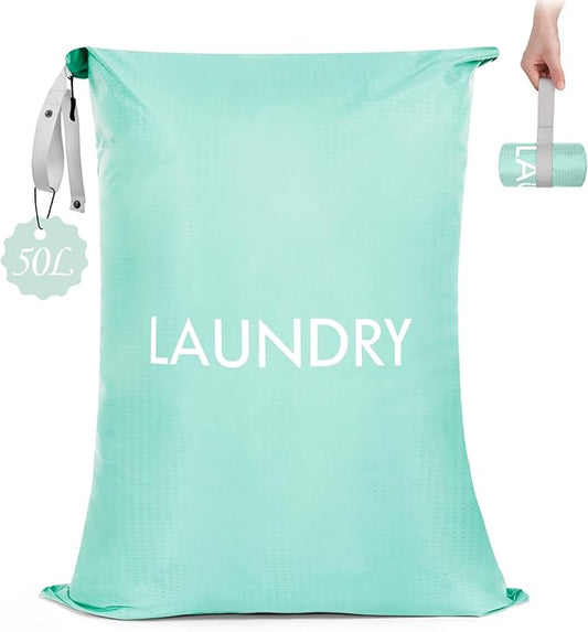 MissBoy 50L Travel Laundry Bag with Zipper, Heavy Duty & Odor-Proof Washable Nylon Sack for Dirty Clothes, Space-Saving Luggage Organizer & Dorm Room Essential for College Girls, Blue