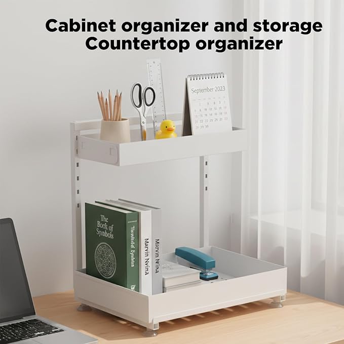 TATAANTY Under Sink Organizer 2 Pack, 2 Tier Metal Under the Sink Storage, Heavy Duty Slide out Pull out Cabinet Organizer, Height Adjustable Pull Out Cabinet Organizer for Kitchen Bathroom