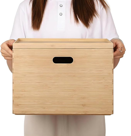 BAMOTTO CRAFTBAMBOO Large 14.6”x10.2”x9.6” Lidded Bamboo Storage Bins - Stackable with Handles, Box/Cube/Basket for Home Kitchen Office, Organize Tableware Toys Crafts Books