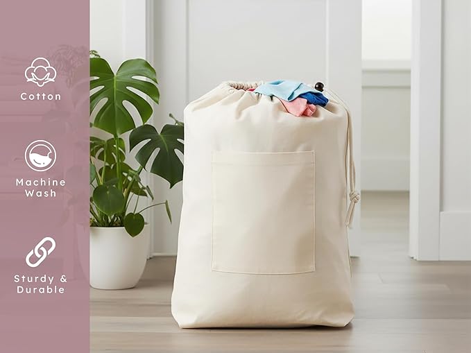 PurpleEssences Laundry Bag Durable Clothes Drawstring Bag Machine Washable Travel Laundry Organizer for Dorm, College, Hamper - Set of 1, 15 x 28 Inch, Laundry Bag - Natural
