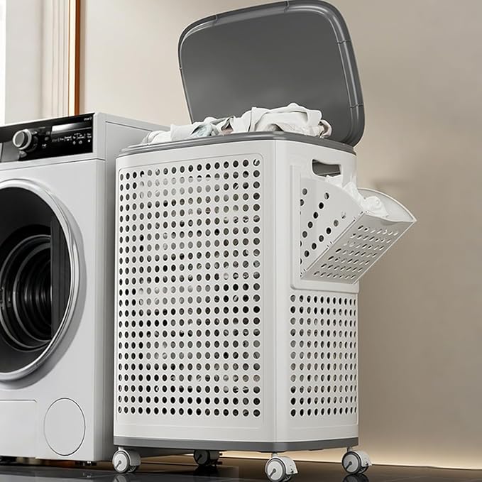 Plastic Laundry Basket with Lid and Wheels, Clothes Hamper with Side Compartments and Brakes, Portable Laundry Hamper on Wheels for Easy Mobility for Bathroom and Bedroom