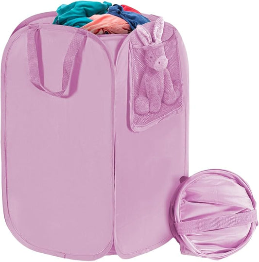 Polyester Strong Mesh Pop-up Laundry Hamper, Quality Pop Up Hampers for Laundry with Durable Handles Solid Bottom High Carbon Steel Frame, Easy to Open and Fold Flat for Storage(Light Pink)