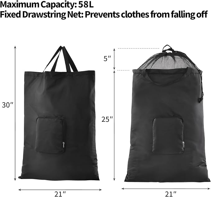 Travel Laundry Bags, 2Pcs JHX Foldable Dirty Clothes Bag 【Upgraded】 with Fixed Drawstring Net, Handles and Carabiner, Portable Laundry Bags for Travel and Fitness (Dark-Black) 30"H x 21"W