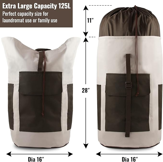 Laundry Backpack Bag 125L Extra Large, Heavy Duty for College Dorm & Apartment, Durable Thick Material Laundry Hamper with Padded Straps for Easy Carry, 3 Pockets for Travel & Laundromat (Khaki)