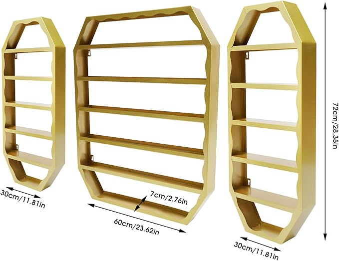 Wall-Mounted Nail Polish Storage Racks, 3PCS Multi-Tiers Metal Cosmetic Display Rack Lipstick Perfume Display Rack with 1 Middle Rack & 2 Side Racks for Spa Nail Salon Shop (Gold)