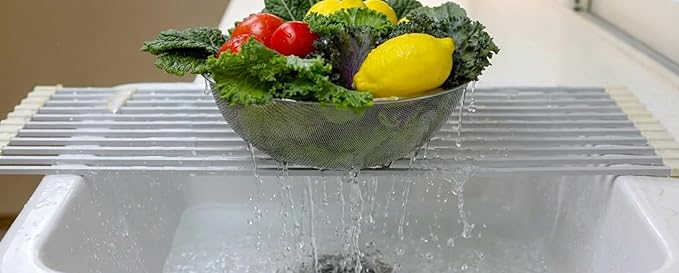 Large Aluminum Roll Up Dish Drying Rack (20.5" x 13") -Fits Sink Openings up to 19.5 Inches, Heavy Duty Square Bar, Rust-Proof & Heat Resistant with Removable Dish Holder (Purple Gray Large)