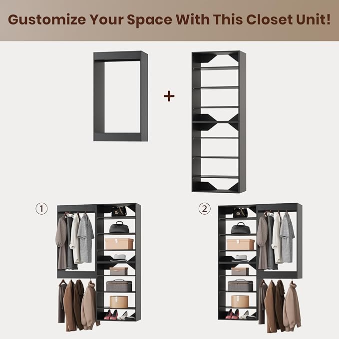 ROOMTEC Modular Closet System, 55" Wall-Mounted Closet Organizer with Hanging Rods and Shelves, Wooden Tower for Walk-In Closets, Wardrobe Storage Kit, Black