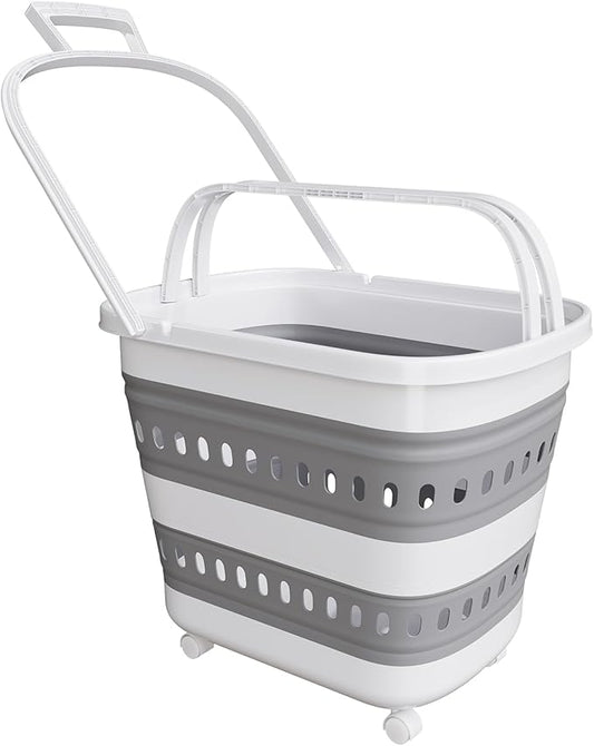 Collapsible Plastic Laundry Basket Hamper with Wheels, 45L Portable Rubber Clothes Basket, Pop Up Storage Container/Organizer with Hanging basket for Washing & Storage, Grey