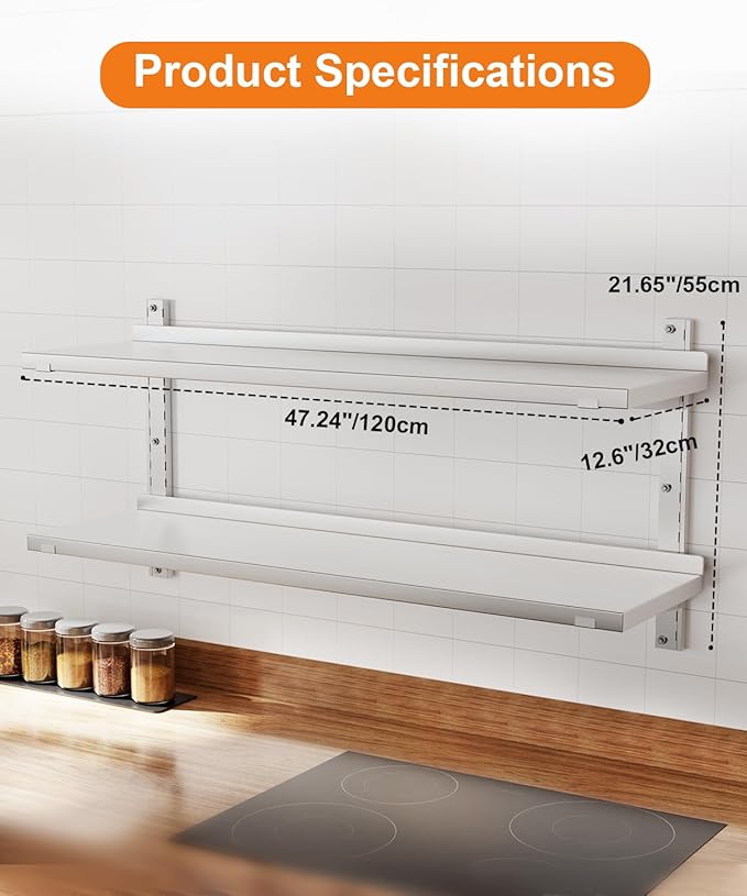 Stainless Steel Shelf, 47.2" X 12.6" Commercial Floating Wall Shelf with Brackets, 154Lbs Capacity, Adjustable Double-Layer Metal Heavy Duty Storage Rack for Restaurant, Kitchen Bar Home Hotel