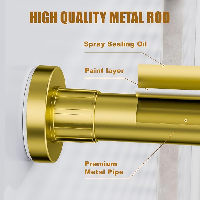 Ausemku Shower Curtain Rod 32-65 Inch Adjustable - 1 Inch Diameter Heavy Duty No drill Spring Tension Shower Rod, Non-Slip Rustproof Telescopic Rod for Bathroom, Gold