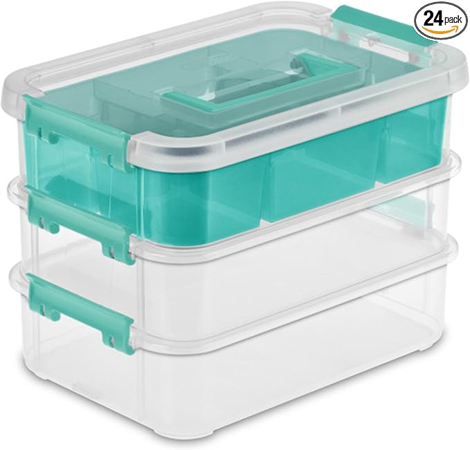 Sterilite 24 Pack Plastic Storage Box Container, 3 Layer, Stack and Carry, Clear/Blue