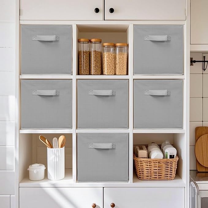 11 Inch Fabric Storage Bins, Storage Cubes, Collapsible Cube Storage Box, Fabric Closet Organizers with Handle for Home, Office, Shelf, Closets, Bedroom, Living Room, Grey, 16 Pack