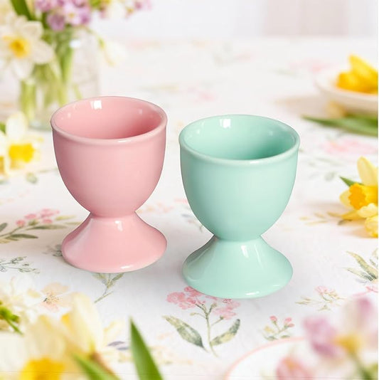 Cinf Ceramic Egg Cup Set of 2 Porcelain Holder Breakfast Boiled Cooking Easy to Clean Childhood Memories Kitchen(Macaron)