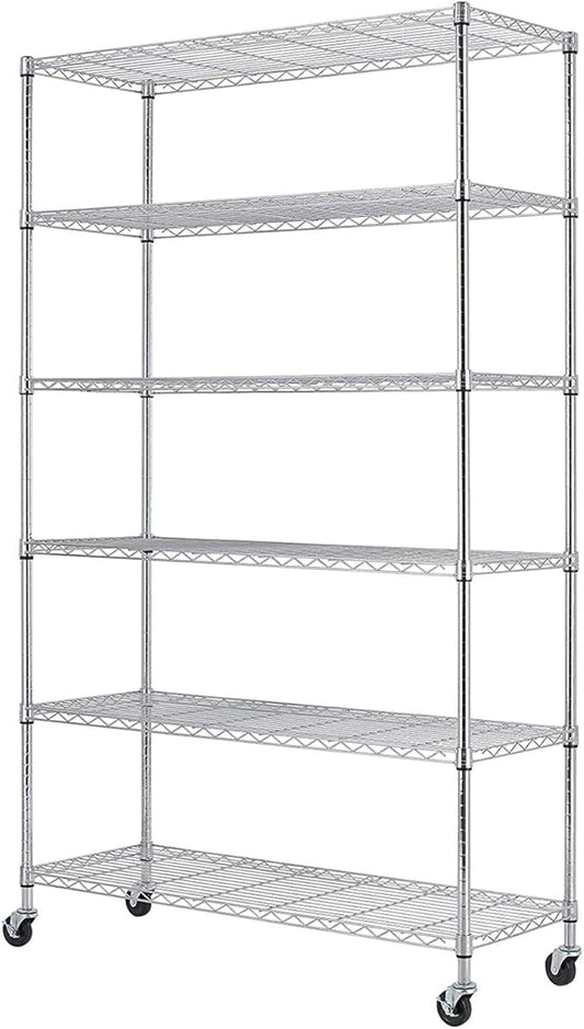 BestOffice | 6-Tier Wire Storage Shelves with Wheels | 18x45x82 | Chrome | Adjustable Racks | Heavy-Duty Metal Shelf, Holds Upto 2100 lbs | No-Tool Assembly | Ideal for Home & Garage Shelving