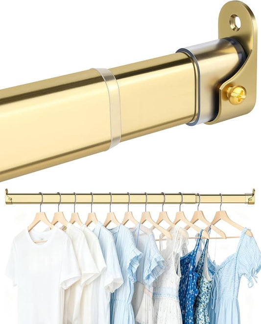 Oval Closet Rod for Hanging Clothes 30 to 54.5 Inch, Includes End Supports, Adjustable Wardrobe Tube, Heavy Duty Extendable Closet Pole, Carbon Steel, Gold