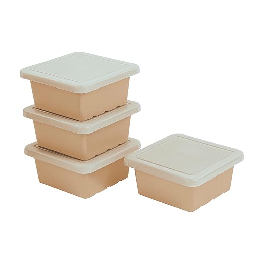 ECR4Kids Stackable Square Bins with Non-Snap Lids, Multipurpose Organization, Sand, 4-Pack