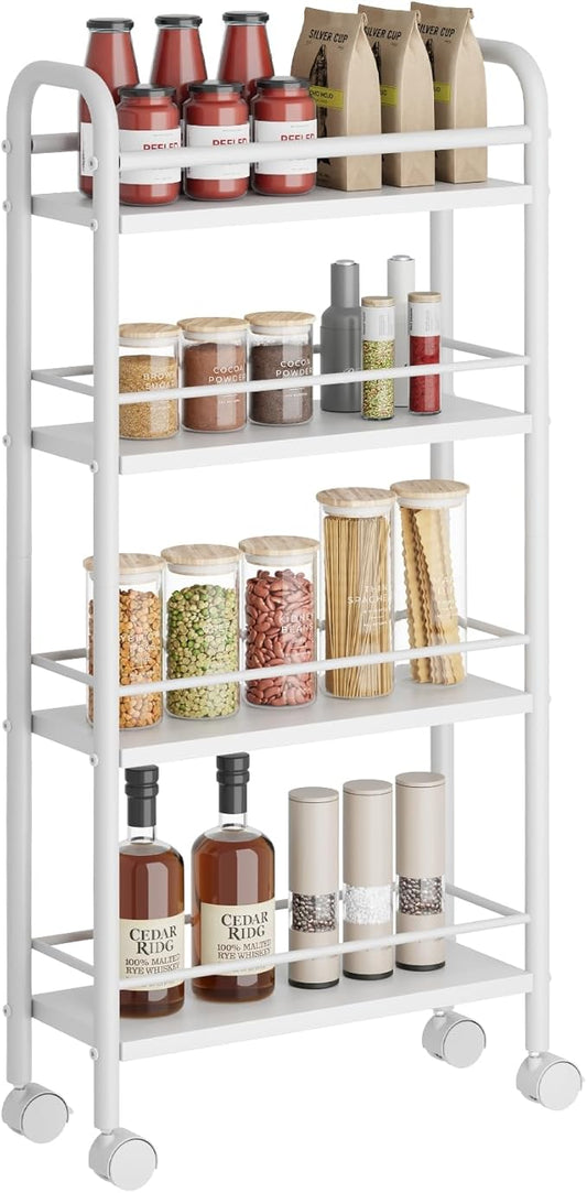 Asgolion Slim Storage Cart, 4-Tier Small Rolling Cart with Wheels, 5.9" Deep, Narrow Bathroom Shelf Trolley for Kitchen, Bathroom, Laundry Room, White Standard 4-Tier (5.9" W x 33.6" H)