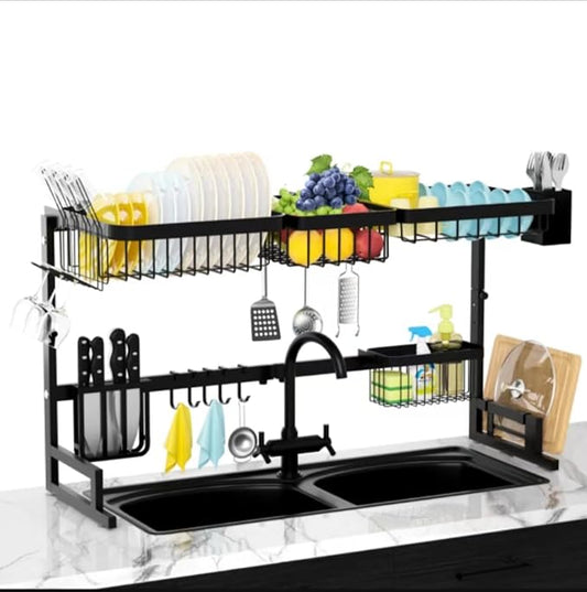 Over The Sink Dish Drainer Drying Rack,Stainless Steel Dish Dyring Rack Above Sink with Adjustable Height,Kitchen Counter Storage Shelf for Organizer Cookware,Cups,Cutting Board (33.4‘’-41.3‘’)