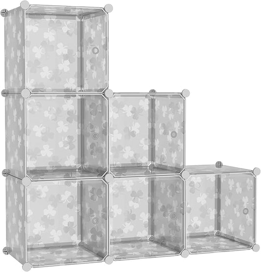 C&AHOME Cube Storage Organizer with Doors, 6-Cube Shelves, DIY Plastic Modular Bookshelf, Closet Clothes Storage Shelving Ideal for Bedroom, Living Room, Clover Embossed, Transparent