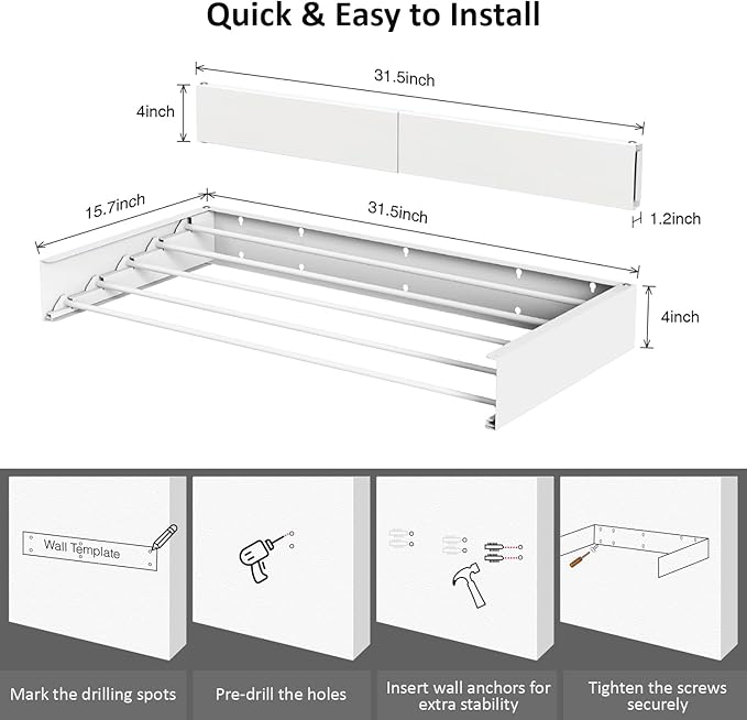 Laundry Drying Rack, Collapsible Wall Mounted Clothes Drying Rack - Drying Rack Clothing Foldable,Space Saving, 32" Wide, 13.2 Linear Ft, 5 Aluminum Rods, 60 lb Capacity (White, 32")