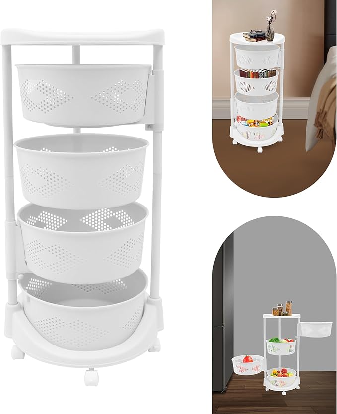 YIYIBYUS Round Metal Kitchen Storage Tower with 4 Removable Baskets, 360° Rotating Snack Organizer Cart on Locking Wheels, Multi-Level Space Saving Rack for Fruits Vegetables Bathroom Essentials