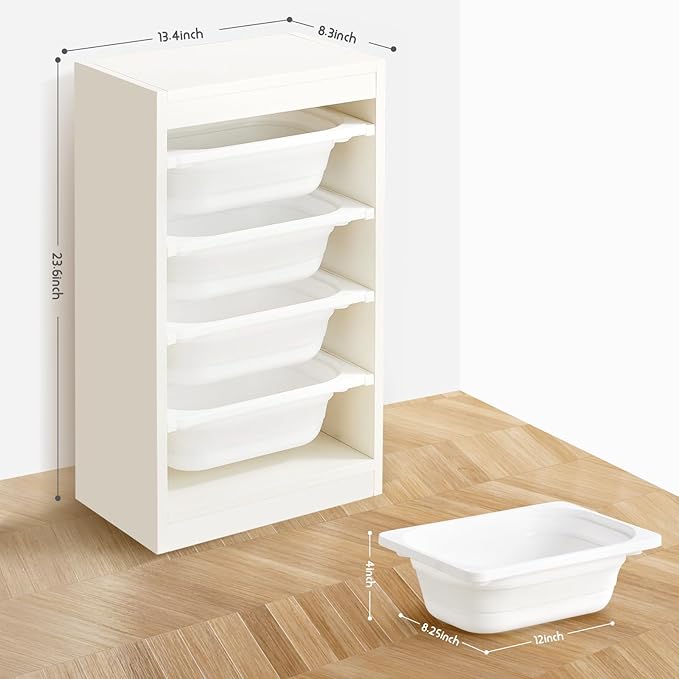 Beright Storage Combination with Bins, Toy Storage Organizer for Kids, Multipurpose Children Cabinet Organizer for Books and Toys with 4 Small Bins, Floor, White