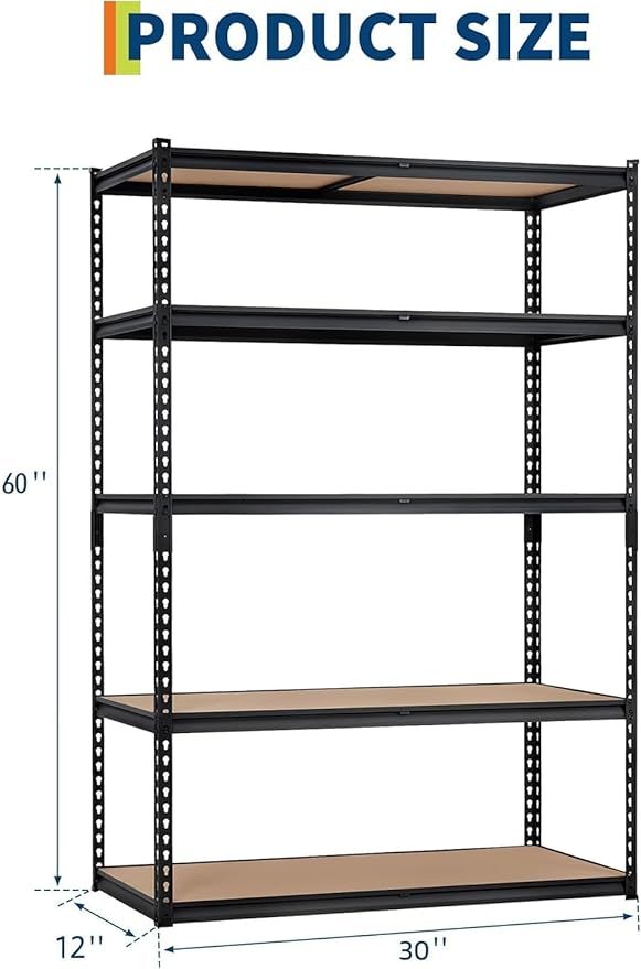 Heavy Duty Garage Storage Shelves, 5-Tier Metal Adjustable Shelving Unit, Storage Shelving with 2500 LBS Capacity for Kitchen Pantry Basement Bathroom Laundry, 30" l x 12" w x 60" h