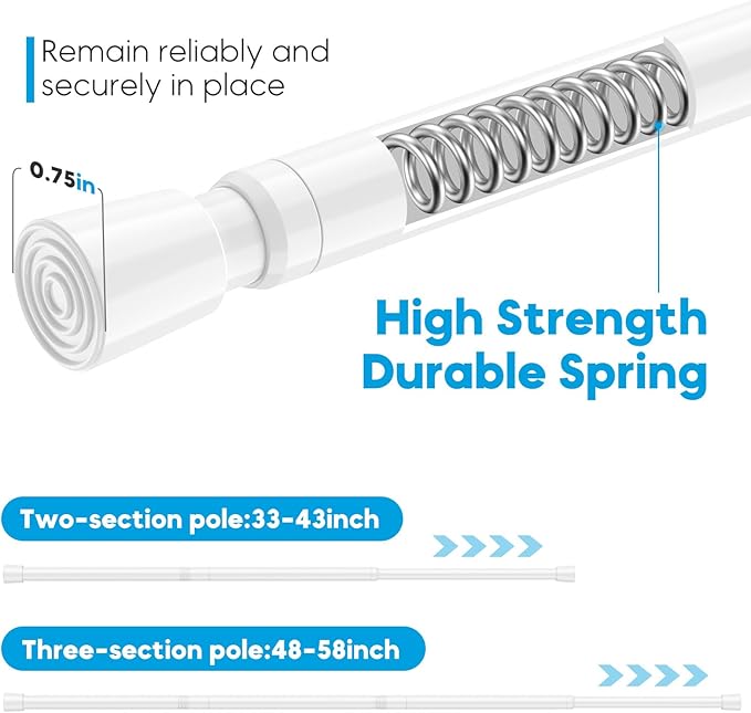AIZESI 2 Pack Spring Tension Curtain Rod 32 to 58 inch Adjustable Curtain Rods No Drilling Expandable Spring Loaded Curtain Rod for Windows Doors Kitchen Curtains, White