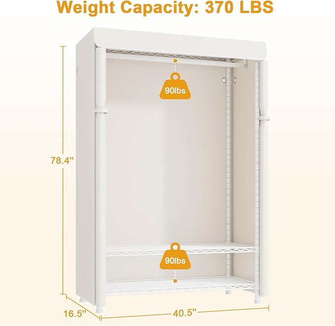 ULIFHOME H5C Plus Clothes Rack with Cover, Portable Closet for Hanging Clothes, Covered Clothing Racks Heavy Duty, 3-Tiers Garment Rack with Shelves Max Load 370LBS White Closet Rack with White Cover