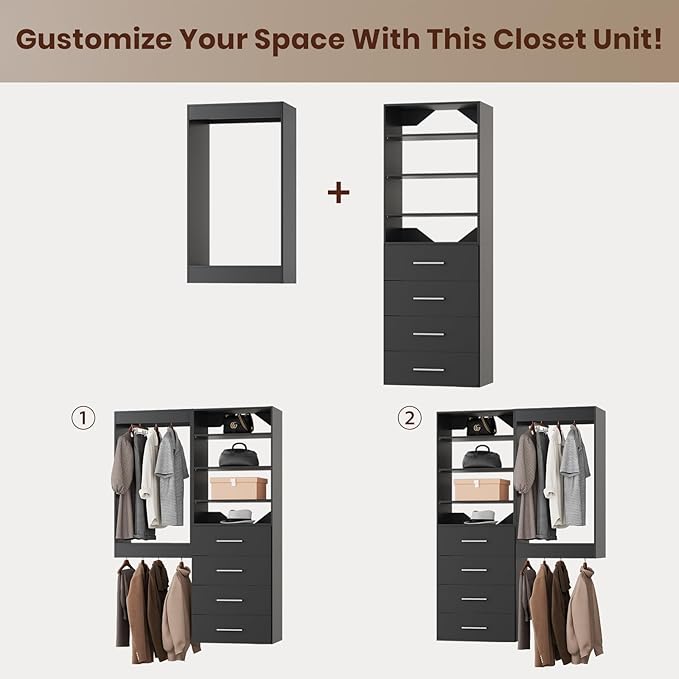 ROOMTEC Modular Closet System, 64" Wall-Mounted Closet Organizer with Drawers and Hanging Rods, Wooden Tower for Walk-In Closets, Wardrobe Storage Kit, Black