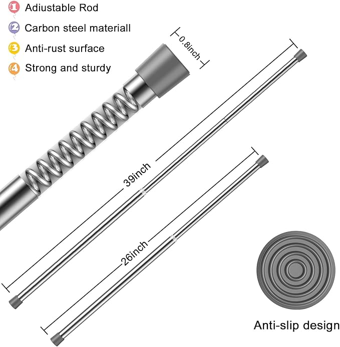 AIZESI Spring Tension Rods Adjustable Tension Curtain Rod Small Tension Rod No Drilling Expandable Spring Loaded Curtain Tension Rod（Silver,26" to 39"-4Pcs)