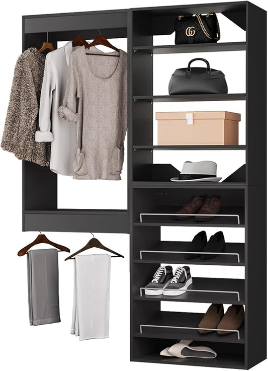 ROOMTEC Modular Closet System, 67" Wall Mounted Closet Organizer with Hanging Rods and Shoe Shelf, Wooden Tower for Walk-In Closets, Wardrobe Storage Kit, Black