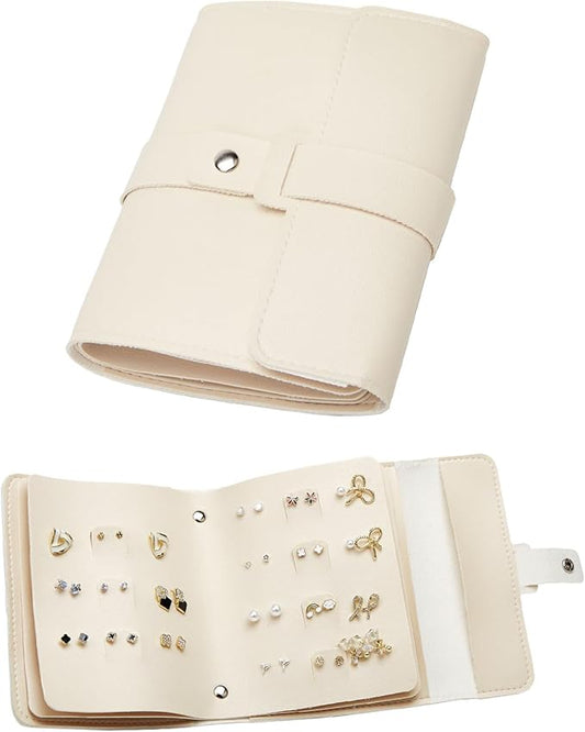 LAKE OF FIRE Earring Holder Organizer with Foldable Book Design Jewelry Book Organizer, Portable Pu Leather Travel Earring Case(Beige)