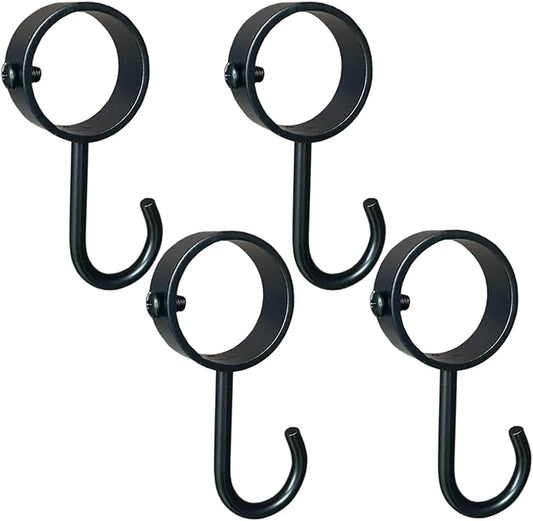 4-Pack Round Clamp-on Hooks for Rod, 1-1/4 Inch (32mm) Inner Diameter, No Drill Wall Hooks for Closet, Shower, Towel, Heavy Duty Metal Hooks for Home Organization, Black