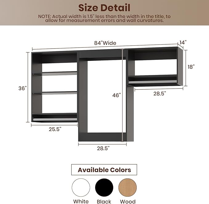 ROOMTEC Modular Closet System, 84" Closet Organizer with Hanging Rods, Wall-Mounted Wooden Tower for Walk-In Closets, Wardrobe Storage Kit, Black