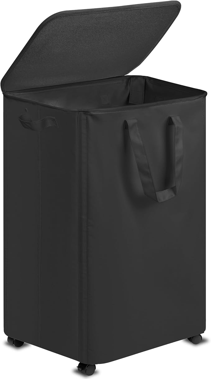 Vincona Slim Laundry Hamper with Lid and Wheels, Small Rolling Laundry Basket with Handle for Small Spaces, Tall Dirty Clothes Hampers for Dorm, Bathroom and Bedroom, 95L Black