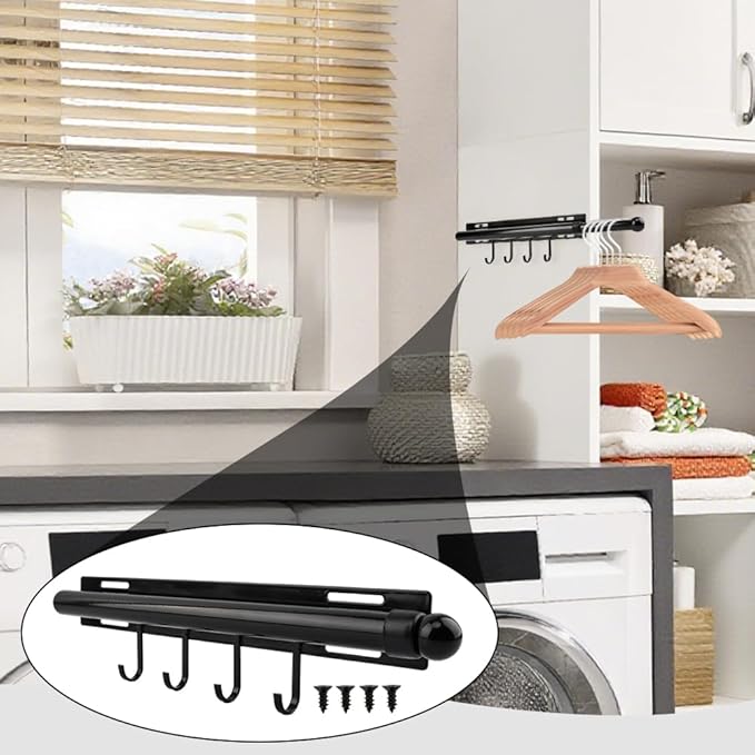 12 Inch Valet Rod for Closet Pull Out, Retractable Slide Out Clothes Hanger with 4 Hooks, Closet Rods for Hanging Clothes Laundry Room, Bedroom, Bathroom(COLOR:Black)