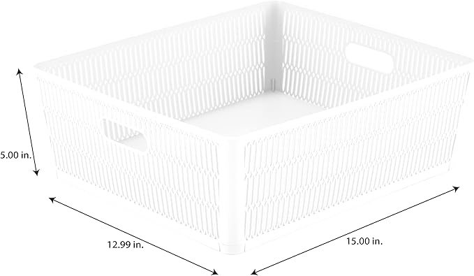 Simplify 4Pk Shallow Slide 2 Stack It Tote Basket | Storage & Organization | Open Bins with Stackable Capability | Bathroom | Crafts | Pantry | Playroom | Office | White