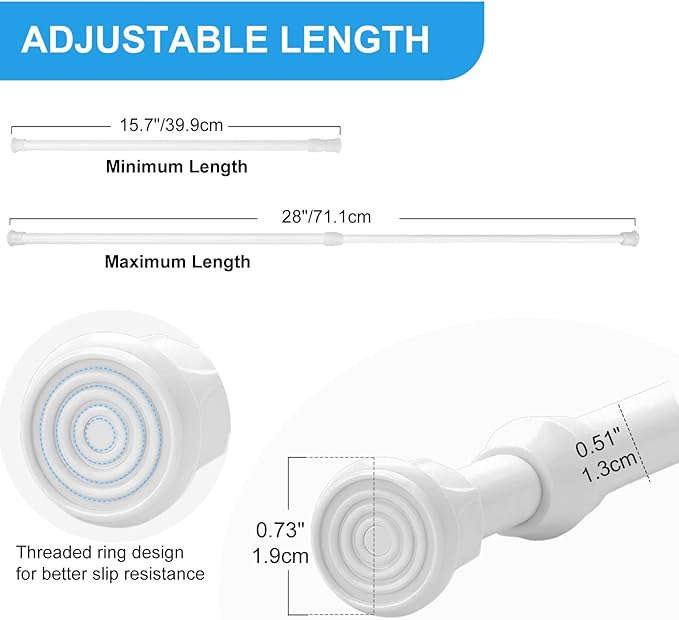 2 Pack Tension Curtain Rod 15.7-28 Inch, Small Short Adjustable Extendable Spring Loaded Rods for Windows Cabinet Blinds Closet Bedroom Kitchen Bathroom Door No Drilling, White