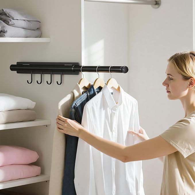 Lewondr Valet Rod for Closet Pull Out, 12" Adjustable Heavy Duty Extending Closet Rod, Valet Clothing Hanger Rods Extender for Wardrobe, Laundry Room, Bedroom, Bathroom, Black, 2 Pack