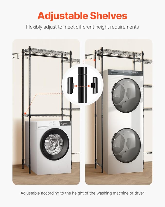 VEVOR Over The Washer and Dryer Storage Shelf, 5 Tier Laundry Room Drying Rack with Hanger Rod and Hooks, Adjustable Over Washer and Dryer Shelves, Laundry Room Shelf Storage Space Saver, Black