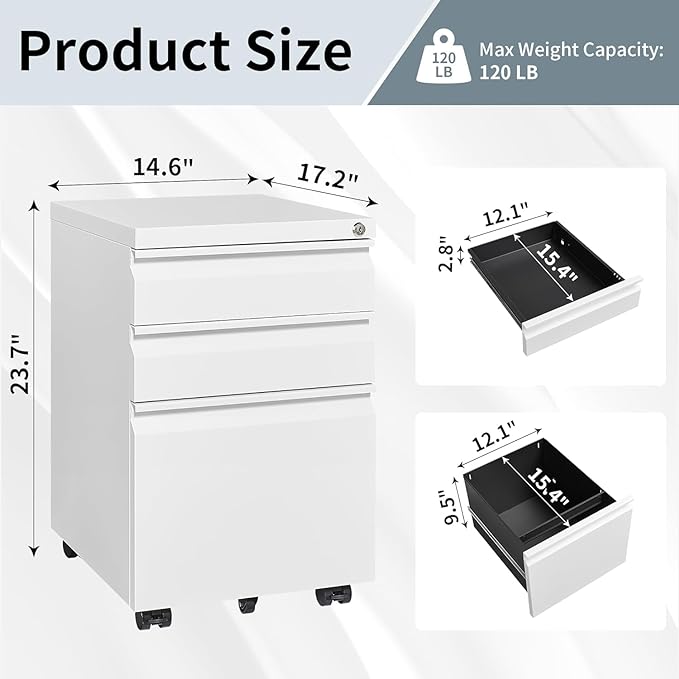 Guizeeopo 3 Drawer File Cabinet with Lock, File Cabinets for Home Office,Under Desk Cabinet, Locking File Cabinet for A4/Letter/Legal, Fully Assembled Expect Casters, Matte White