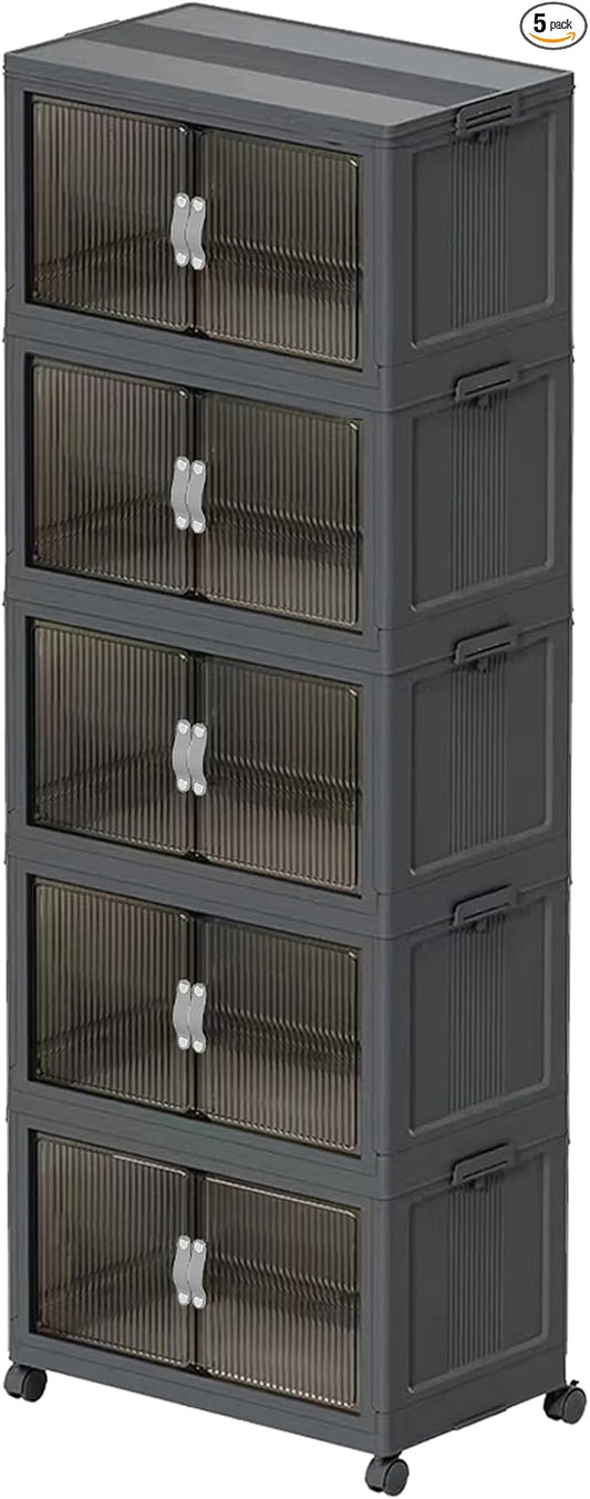 81QT Stackable Storage Bins with Lids & Wheels - Clear & Collapsible Design, Space Saving Foldable Plastic Organizer Containers for Home Bedroom Office Gray 5T