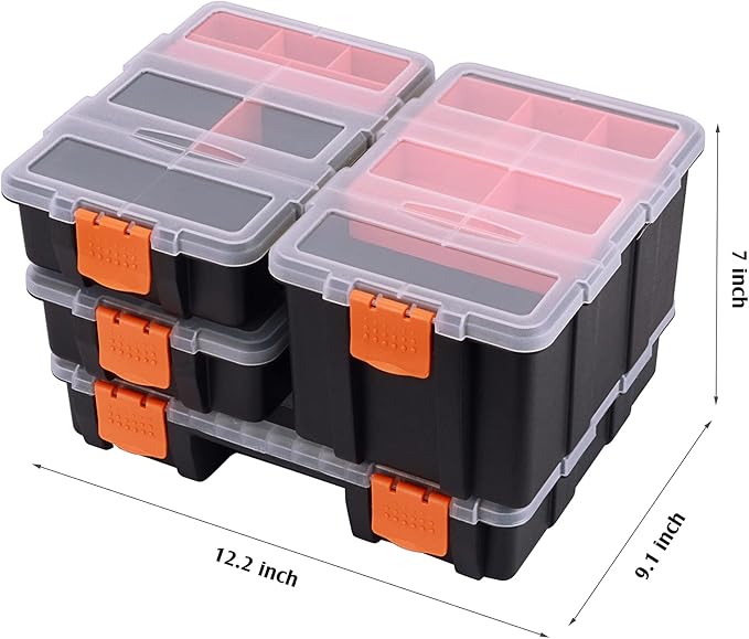MIXPOWER 4 Piece Set Toolbox Hardware & Parts Organizers, Versatile and Durable Storage, Customizable Removable Plastic Dividers, storage and carry, Black/Orange