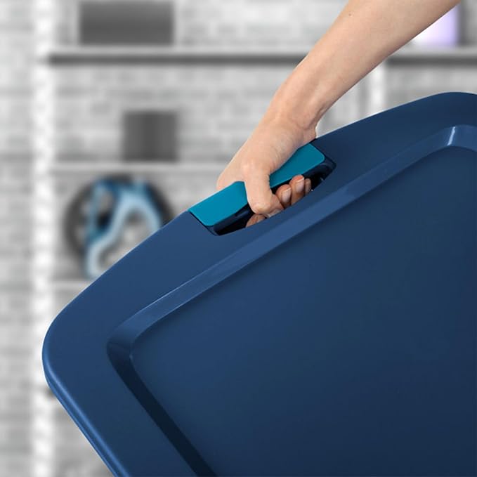 Sterilite 18 Gal Latch and Carry, Stackable Storage Bin with Latching Lid, Plastic Container to Organize Closets, Clear with Blue, 18-Pack