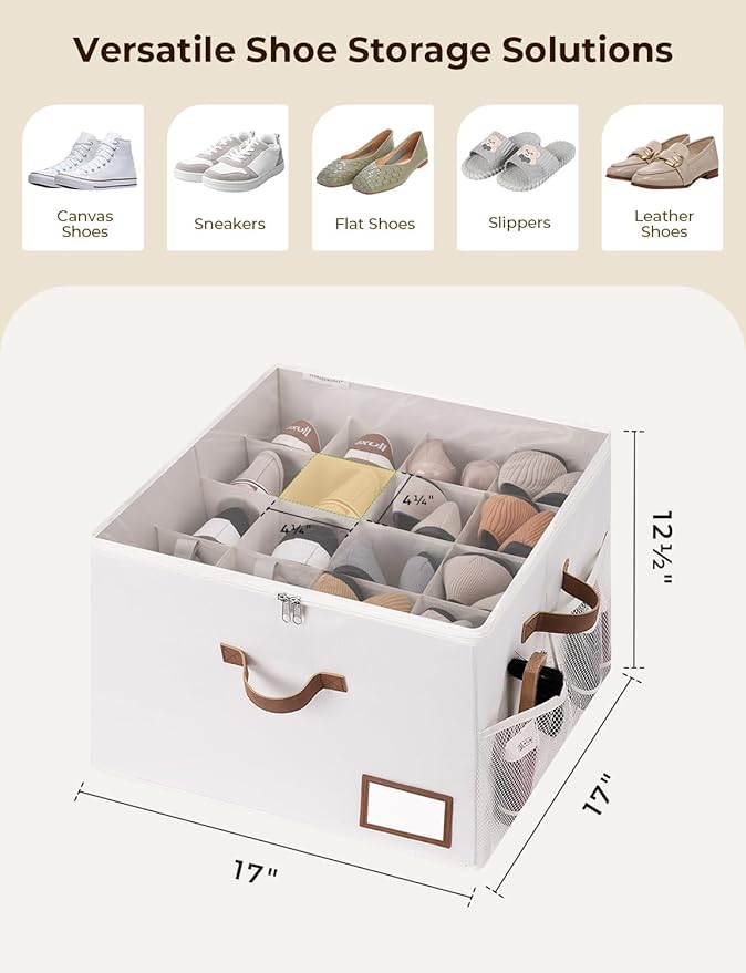 StorageWorks Shoe Organizer for Closet, Shoe Storage Bins with Clear Lid, Fabric Shoe Boxes with Side Mesh Pockets, Closet Shoe Organizer Bin for Slippers and Flats, Holds Up to 16 Pairs, Beige