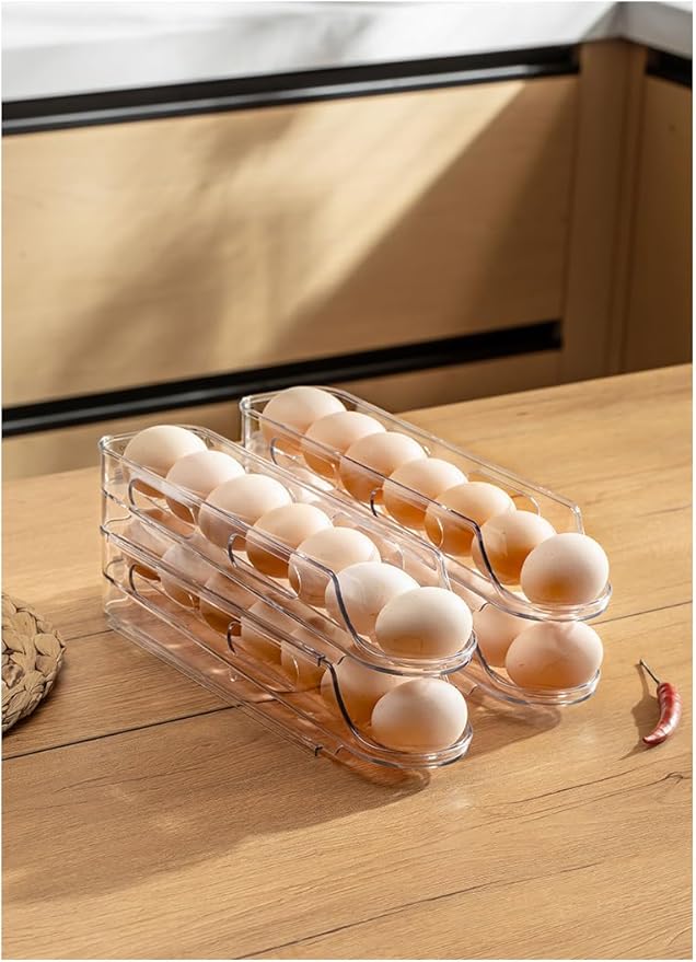 Egg Holder for Fridge,Stackable 1-4 Tiers Container,Auto Rolling Fridge Organizer for Refrigerator,Space-Saving Dispenser Holder,Refrigerator Egg Rack Transparent (4Packs)